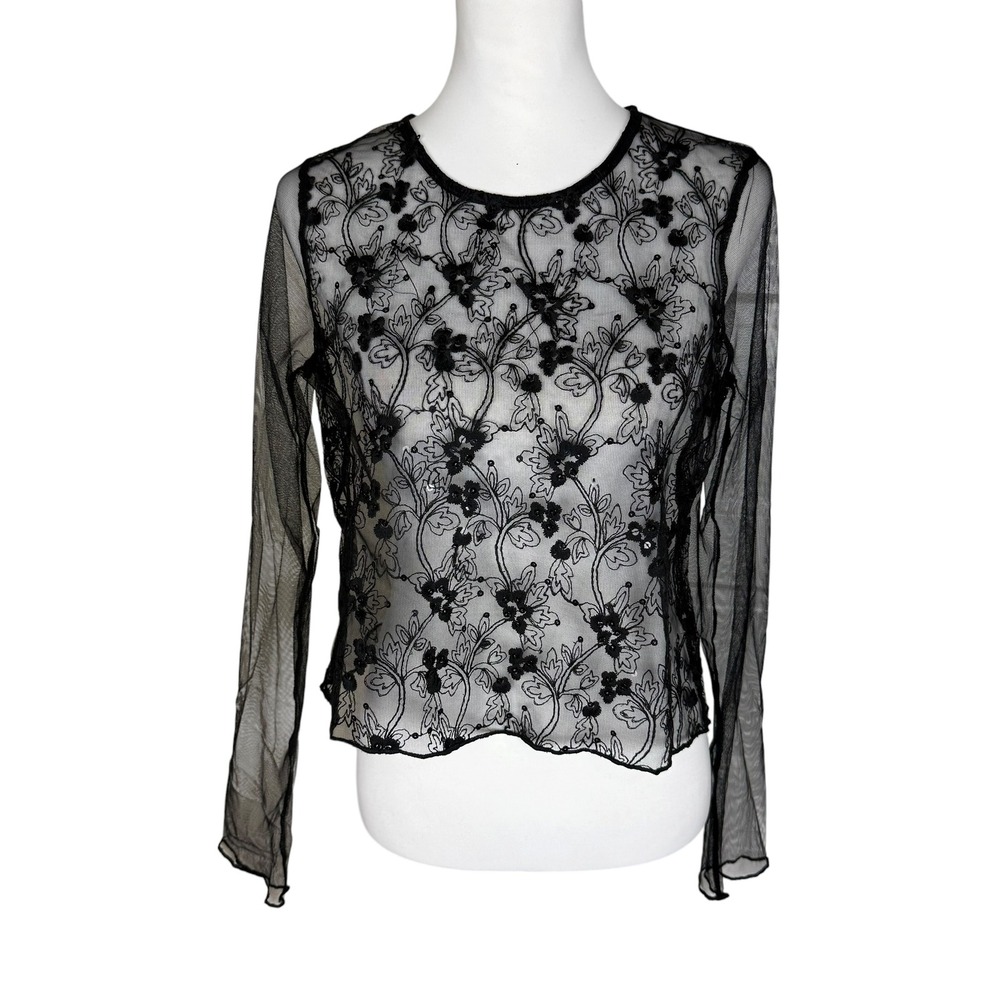 Twinkle Black Sheer Mesh Floral‎ Embroidered Sequin Top Large Fairy